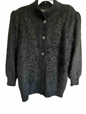 Vintage Women LEE SANDS Black Angora Blend Pad Shoulders Cardigan Sweater L/XL Foto 1 de 4
