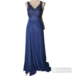 PromGirl Size X-Small Navy Blue Lace Sequin Cut Out Long Flowy Formal Gown NWT - Picture 1 of 14