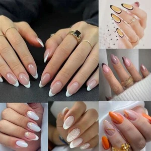24pcs Nail Tips White Simple DIY Full Cover French Almond Long Fake Nails - Picture 1 of 16