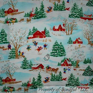 BonEful Fabric FQ Cotton Quilt Deer Green Xmas Tree House Church Red Barn Scenic - Picture 1 of 14