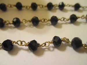 12 Feet Faceted Jet Black Crystal Hand knotted Beaded Brass Chain BC5 - Picture 1 of 11