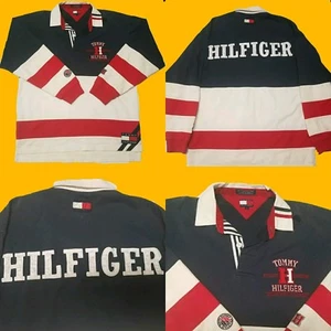 Rare VTG TOMMY HILFIGER Athletics Division Spell Out Rugby Polo Shirt L - Picture 1 of 10