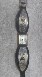 Montana Silversmiths Watch Women Silver Engraved Gold Horse Black New Bat Nice ! - Picture 1 of 12