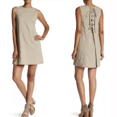 Theory Keshelle Lace-Up Back Shift Dress linen blend size 8 sand color midi - Image 1 of 4