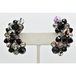 Laguna Vintage Clip On Crystal Earrings Black AB Gray Climber Signed 1950s BinBK - Picture 1 of 16