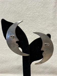 Vintage Sterling Silver Taxco Mexico Moon Pierced Earrings - Picture 1 of 7
