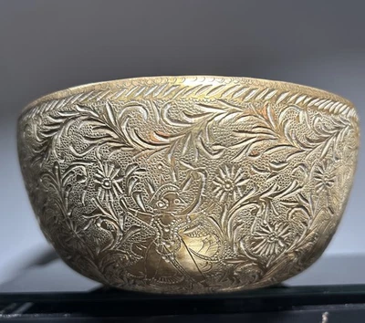 Antique Fine Indian Persian Bowl Hand Hammered Etched Brass 19th Century - Image 1 of 4
