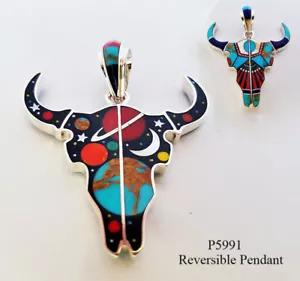 AMAZING CELESTIAL TURQUOISE MULTICOLOR SPINY INLAY .925 SILVER BUFFALO PENDANT - Picture 1 of 4