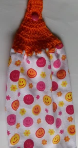 ORANGE Yarn Crochet Top HAPPY FACES Print Cotton Kitchen Towel - Picture 1 of 2
