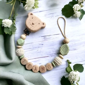 Cadena de chupete con nombre niño madera silicona bebé regalo bautismo oso - Imagen 1 de 3