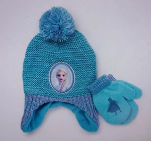 Disney FROZEN QUEEN ELSA Bommel TRAPPER MÜTZE Beanie FÄUSTLINGE Handschuhe Winter SET - Bild 1 von 1