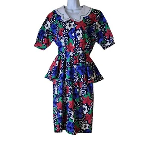 Vtg 80s Sabino Peplum Dress Size 10 Black & Multicolor Floral 100% Cotton - Picture 1 of 6