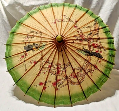 VTG Bamboo Parasol Umbrella, Japan, Hand Painted blue birds, Pink Cherry Tree - Image 1 of 4