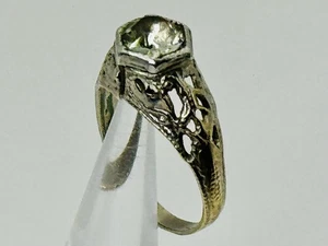 Vintage 1920’s Art Deco 10K Filigree Ring Glass Hexagon Solitaire Setting Sz. 4 - Picture 1 of 11