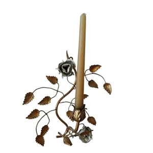 Vtg Italy Gold Gilt Metal Tole Wall Candle Holder Sconce Flowers Leaves  10" - Picture 1 of 16