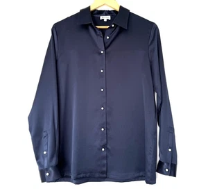 LILYSILK Silk Satin Shirt Navy Blue Pearl Button UK10 S Small RRP £145 ✨ELEGANT - Picture 1 of 6
