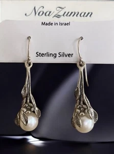 Neu-Noa Zuman Ohrringe Sterling Silber 925 Israel Blätter Blume Perle Hänger - Bild 1 von 5