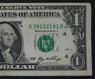 2006 $1 (ONE DOLLAR) - NOTE - SERIAL NUMBER - SHIFT LOW - D / D - ERROR - Image 1 of 3