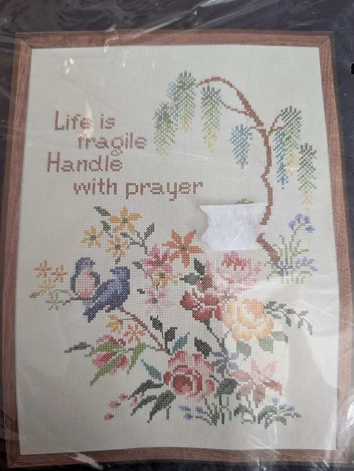 VTG 1980 Cross Stitch Kit X7103 Life Is Fragile Handle With Prayer Birds Floral - Image 1 of 4