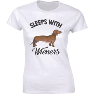 Sleeps With Wieners Shirt Dog Dachshund Funny Pet Lover Cute Women's T-Shirt Tee - Picture 1 of 4