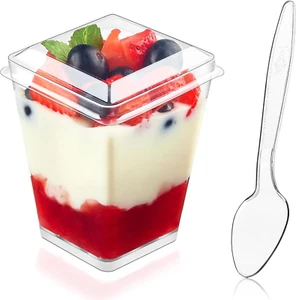 50 Pack 5 Oz Clear Plastic Dessert Cups with Lids and Spoons for Party Serving - Picture 1 of 12