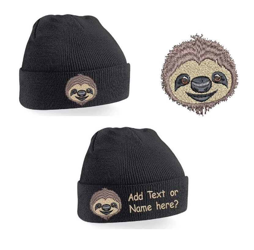 Sloth Embroidered Adult one size Beanie Hat Option to personalise with name text - Image 1 of 2