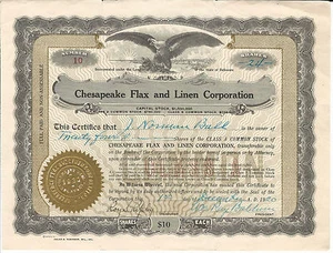 DELAWARE Chesapeake Flax & Linen Corp Stock Certificate 1920 Delmarva #10 - Picture 1 of 2