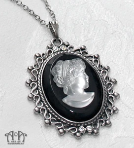 Gothic Antique Silver FROSTED CAMEO PENDANT NECKLACE Black White Victorian Lady - Picture 1 of 3