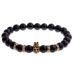 LÖWE KRONE STEIN ARMBAND SCHWARZ ACHAT NATURSTEIN BRACELET LION CROWN GOLD YOGA - Bild 1 von 1