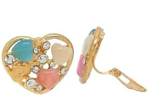 Heart Stones Non-Pierced Crystal Gold Stud Diamante Clip On Earrings CZ Gatsby - Picture 1 of 1