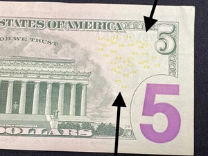 2017A $5 Bill Ink Error SeeThrough Reverse Of Note on serial number - Picture 1 of 12