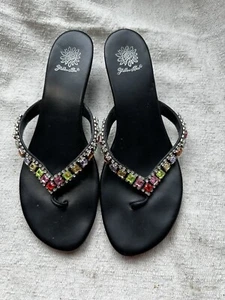 Yellow Box Womens Blk Rhinestone Thong Low Wedge Sandal Sz 8.5 Pre-owned  - Picture 1 of 15