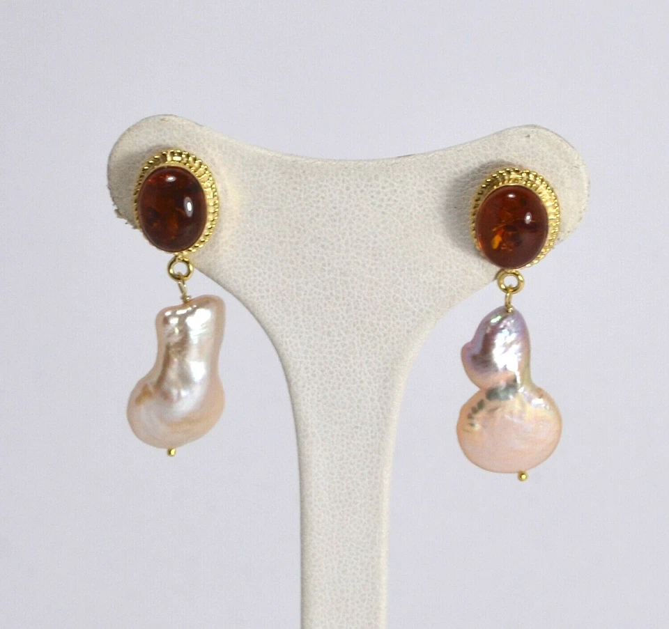 ORECCHINI  ARGENTO 925 DORATO OVALI AMBRA  E PERLE  BAROCCHE          AGHT 0799 - Immagine 1 di 3