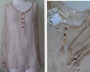 Blusa túnica 100 % seda transparente con botones de cuentas Anthropologie Nick & Mo L + pendiente nueva con etiquetas - Imagen 1 de 15
