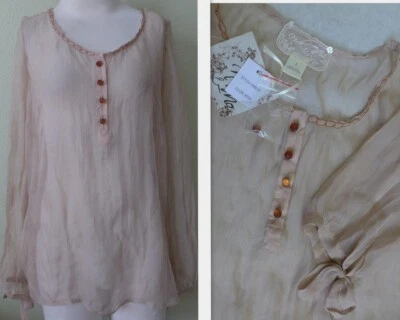 Blusa túnica 100 % seda transparente con botones de cuentas Anthropologie Nick & Mo L + pendiente nueva con etiquetas Foto 1 de 4