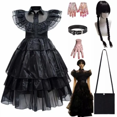 Kids Girls Wednesday The Addams Family Costume Halloween Dress Birthday Party UK - Image 1 of 4
