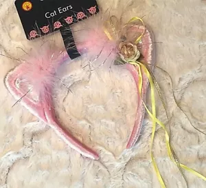 Kitty CAT Ears HEADBAND Pink MARABOU Feathers FLOWER Costume Party Accessory - Picture 1 of 6