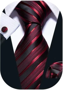 Barry.Wang Stripe Men Ties Set Classic WOVEN Necktie with Handkerchief Cufflinks - Picture 1 of 59