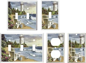 LIGHTHOUSE BEACH CHAIR SEAGULLS SEA SHELLS  LIGHT SWITCH COVER PLATE HOME DECOR - Picture 1 of 27