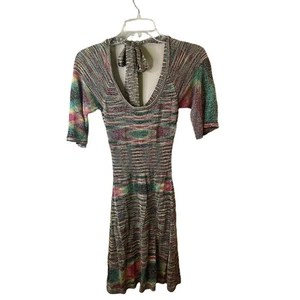 Vintage GUESS Jeans Multicolor Short Sleeve Smocked Back Tie Knit Dress Small - Picture 1 of 10