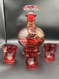bohemian czech glass Ruby Cut To Clear Decanter & 3 Shot Glasses Set - Picture 1 of 10