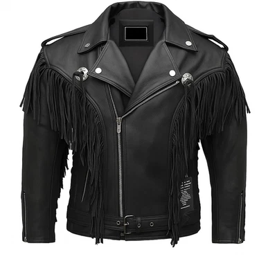 Mens Black Western Fringe Jacket Cowboy Style Genuine Cowhide Leather Biker Coat - Image 1 of 4