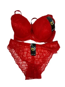 Red Lace Bra And Panty Set By DY Fits Like US Sz 42B Panty Is One Size - Picture 1 of 5