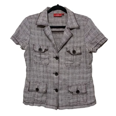 Blazer Oscar De La Renta de lino a cuadros para mujer 10 marrón manga corta botón delantero Foto 1 de 4