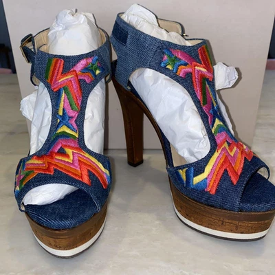 JIMMY CHOO 093Nixon платформе джинсовой ткани сандалии ЕС размер 36 синий вышивка с коробкой - Изображение 1 из 4