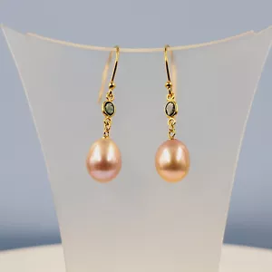 Sapphire Pearl Earrings, Natural Precious Green Sapphire, Pink Pearl - Picture 1 of 4