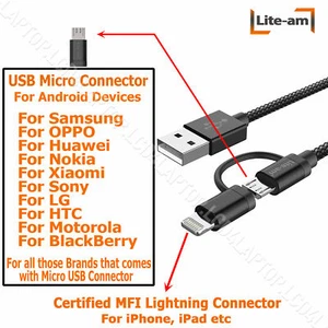 Fast Dual Charger 2 In 1 Lightning Micro USB Charging Cable Apple MFi-Certified - Picture 1 of 3
