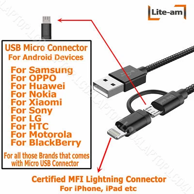 Fast Charge Charging Cable iPhone 8 X 11 12 MFi-Certified Lightning/Micro 2in1 - Image 1 of 3