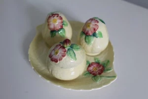 CARLTON WARE YELLOW WILD ROSE CRUET: SALT, PEPPER, MUSTARD WITH LID ON PLATE. - Picture 1 of 5