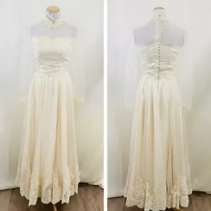 Vintage 1970s ivory wedding dress pearl bead embroidered lace sheer long sleeves - Picture 1 of 14